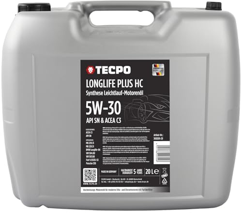 TECPO Motoröl 20 Liter 5W-30 LONGLIFE Plus HC Synthese passend für ACEA C3 / API SN / 504/507 / 229.31/229.51 / LL-04 / C30