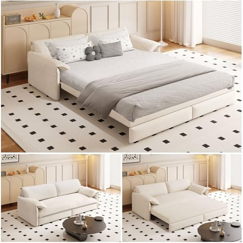 BAYYELL 66 Queen Size Pull Out Sofa Bed, 3-in-1 Convertible Sleeper with Side Storage and Wheels, Velvet Loveseat for Living Room, Apartment, Bedroom, Beige (Mattress & Bedding Not Included)