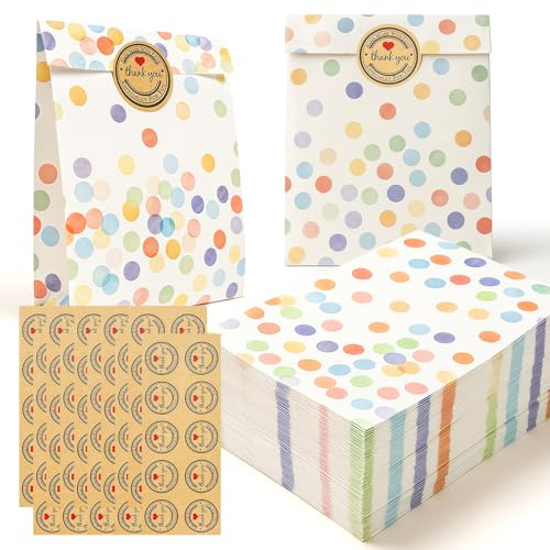 KELAV 100 Stück Geschenktüten Kindergeburtstag, 19x13x3.5cm Papiertüten Mitgebsel Tüten mit 100 Aufkleber, Candy Tüten aus Papier, Punkte Papierbeutel für Party Festival Hochzeit Weihnachten