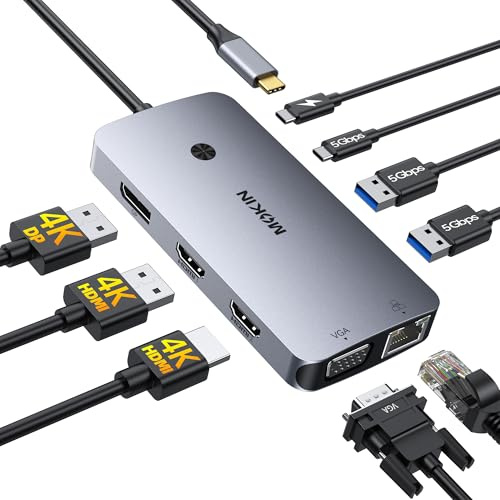 MOKiN Docking Station USB C, 9 in 1 Triple Display Dock für 2 Monitore | USB C Dockingstation mit Dual HDMI 4K, DisplayPort, VGA, 100W PD Laden, Ethernet, 3X USB 3.0, USB-C Hub für Laptop/HP