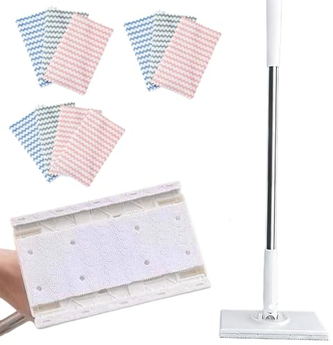 Snap-Griff Mini-Mopp, Automatischer Stoffklammer-Lazy-Mopp, 360° Drehbare Nass- und Trockenmops mit 10 Tüchern, Berührungsfreies Wechseln der Tücher for Küche, Bad, Hauswand