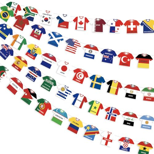 AhfuLife Guirlande Maillot Coupe du Monde 2026, 1 Pièces Guirlande Maillot Décorative 48 Nations, Réutilisable en Banderole Papier, Décoration Soirée Visionnage Football Intérieur et Extérieur