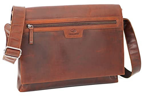 ALMADIH Leder Umhängetasche MIO Premium Rindsleder BD viele Fächer für schmale A4 Ordner Ledertasche Aktentasche Messenger Unitasche Schultertasche Freizeittasche Herren Damen braun (MIO deluxe)