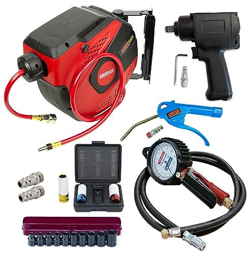KIT PNEUMATIQUE AVEC MANOMETRE DE GONFLAGE ENROULEUR CLE A CHOC 19PCS