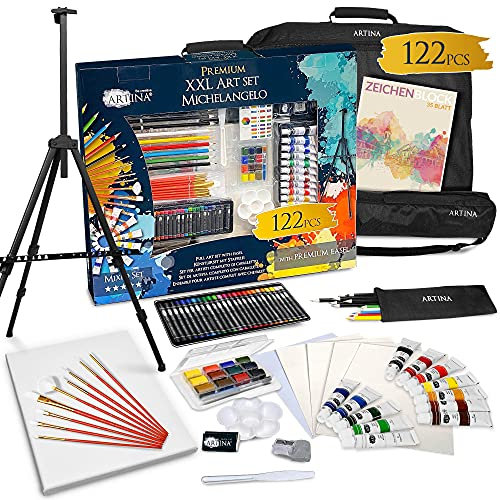 Artina 122tlg XXL Malset mit Staffelei Michelangelo – Künstler Set Acryl & Zeichenset – Buntstifte, Leinwand, Pinselset, Wasserfarben, Pastellkreide – Großes Kreativ Set für alle Altersklassen