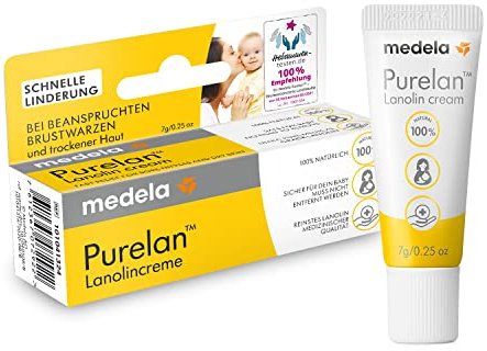 Medela Purelan 7g Lanol Cream - Quick Aid for Stressed Nipples and Dry Skin - 100% Natural, Hypoallergenic, Dermatologically Tested and Fragrance Free
