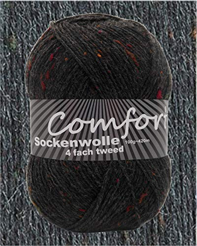 100gr Comfort Sockenwolle Strumpfwolle Tweed 4-fädig - 100gr Knäul - 420m Lauflänge - Nadelstärke 2,5-3,0mm-klassiche traditionelle Farben (dunkelgrau 08)