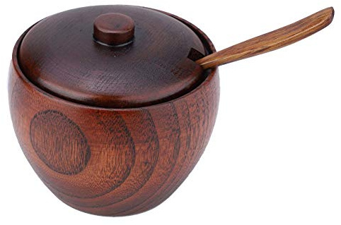 Spice Bowl Set, Massivt naturligt trä kryddkruka socker Saltbehållare burk kryddahållare med sked och lock för hemköksverktyg
