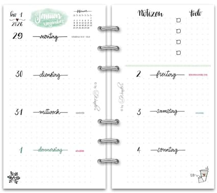 SinnWunder® Premium Kalendereinlagen 2026 - Wochen-Kalender - 1 Woche 2 Seiten - Größe Personal - Filofax-Lochung