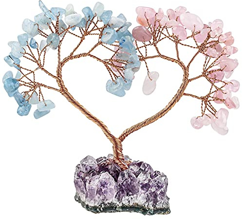 KYEYGWO Herz Kristallbaum Figuren Drusestück Base, Aquamarine & Rosenquarz | Reiki Edelsteinbaum Bonsai Natürlichen Rohstück Basis Heilung Ornament für Hochzeit Glück Gesundheit Reichtum FengShui Deko