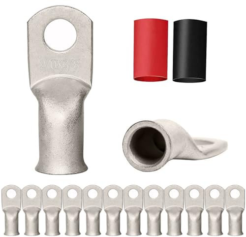 12PCS 2/0-3/8 Tinned Copper Ring Terminal Connectors 2/0 AWG Heavy Duty Battery Cable Ends Bare Copper Lugs with 12 PCS 3:1 Heat Shrink Tubing for Vehicle Boat Marine Use