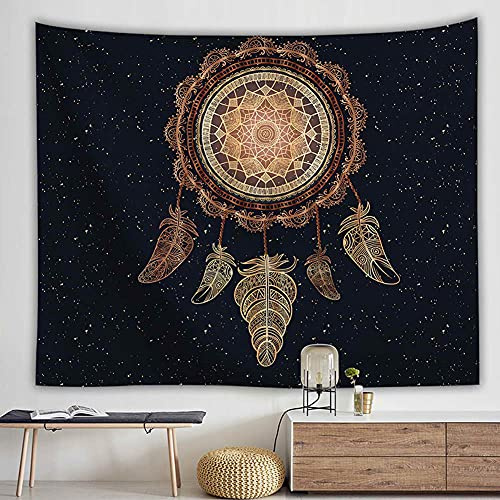 Wandteppich Traumfänger Dunkles Gold Federn,Wandtuch Mandala Wanddeko Schlafzimmer Deko Boho Style Tapestry,Makramee Wandbehang Psychedelic Wand Tuch,150x130 cm