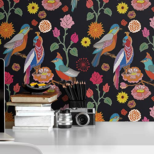 VaryPaper Bunte Papageien Tapete Blumen Vintage Fototapete Blumen Schrankaufkleber Schwarz Möbelfolie Selbstklebend Klebefolie Küchenrückwand Tapeten für Schlafzimmer Badezimmer 44.5cmx200cm