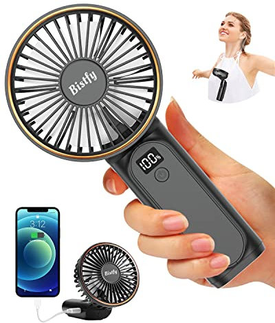 Bistfy Handheld Fan, Portable Hand Held Fan USB 5200mAh Rechargeable Foldable Desk Fan, Ultra Quiet 6 Speed LED USB C Neck Fan, Hand Fan Desktop Fans and Powerbank for Office Home Travel Outdoor