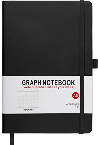 HIJYOO A5 Graph Paper Notebook, Squared Notebook 200 Pages A5 Hardback Notebook with Pen Loop, and Inner Pocket, for Office School Home Business Writing & Note Taking (Black)