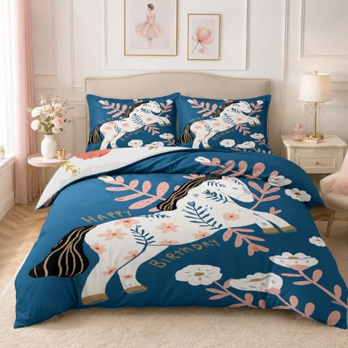 SYHIEGO Housse de Couette 200x200 Cheval Réversible Fleurs Parure de Lit 2 Personnes Animaux Microfibre Linge de Lit + 2 Taies d'oreiller 65x65cm + Fermeture Eclair pour Adulte Enfant