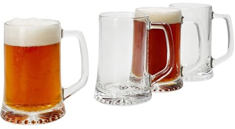 MamboCat Artisan - Set di 4 boccali da birra, 250 ml, altezza 12,3 cm, per 4 persone, in vetro con fondo a stella e manico, bicchieri da birra trasparenti da 0,25 l, per feste, compleanni e Co