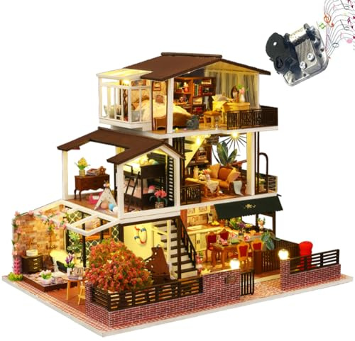 TOPBSFARNY Miniatur Holzpuppenhaus, Europäischer Vintage Stil DIY Puppenhaus Bausatz Villa 3D Modell mit Möbeln und Spieluhr Kreative Geschenke für Freund (Ohne Staubschutzhülle)