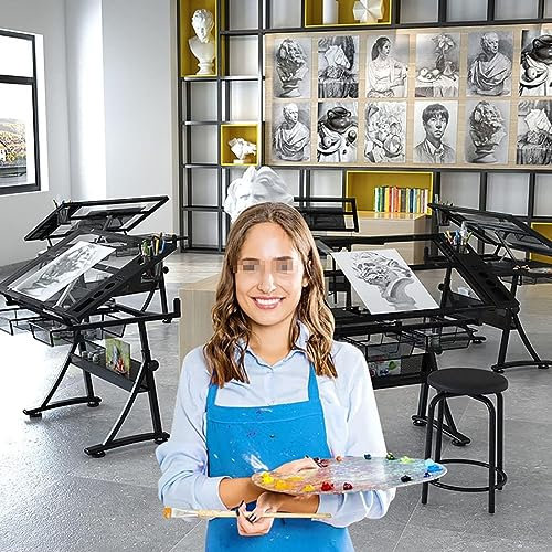 Aioneer Verstellbarer Zeichentisch, Zeichentisch aus gehärtetem Glas, Kunstschreibtisch, höhenverstellbarer neigbarer Zeichentisch für Kunstwerke