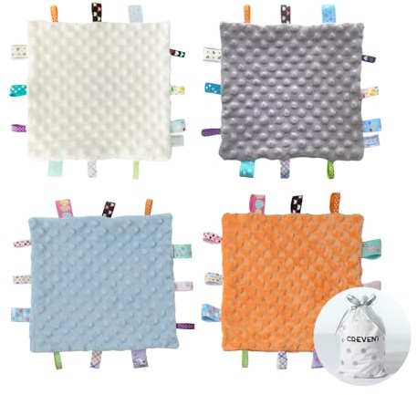 CREVENT - Manta de seguridad para bebé, tacto suave con lengüetas, para niños y niñas, regalo de cumpleaños y fiesta prenatal, 25,4 x 25,4 cm, color azul, naranja, gris y marfil