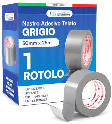 DNK TRADE Nastro Adesivo Telato Americano 50mm x 25m Colore Grigio Isolante e Impermeabile per Riparazioni Professionali e Fai da Te Aderenza Multisuperficie Metallo Plastica e Legno - 1 Rotolo