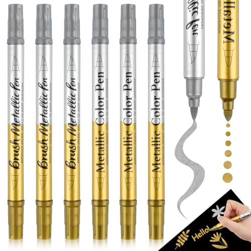 Metallic Stifte Set, Dual Tip Gold Silber Stift, Goldstift zum Schreiben | 6 Stück, Wasserfest Permanente Acrylmarker Steine Bemalen Stifte für Steine, Keramik, Glas, Holz, Metall, Scrapbook