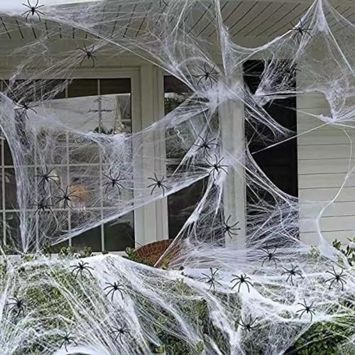 PRECORN realistisches Spinnennetz-Set mit 20 Spinnen – Perfekte Dekoration für schaurige Stimmung drinnen und draußen zu Halloween, Fasching und Mottopartys