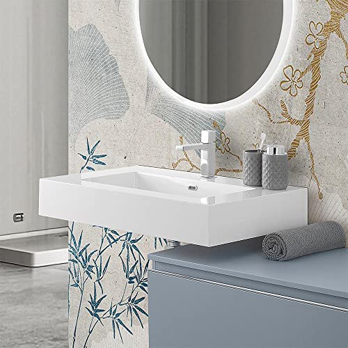 Lavabo sospeso 90 cm in resina bianco lucido, foro per troppo pieno e miscelator, profondità interna 12 cm, LODI