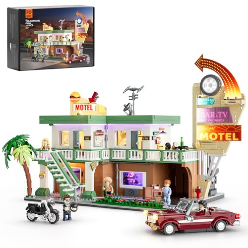 FUNWHOLE City Car-Motel - Set di mattoncini retrò con illuminazione, modello di auto e moto da viaggio, 1970 pezzi per adulti e adolescenti