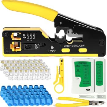 Netzwerk Werkzeug Set,RJ45 Crimpzange Set,RJ45 Reparaturwerkzeuge,Pass-Through-Ethernet-Crimpwerkzeug,mit Durchgangssteckern, Steckerabdeckungen, Abisolierzange, Zange, Netzwerkkabeltester