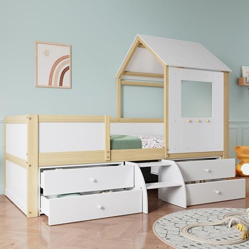 Arhatreya Kinderbett 90x200 cm, Hausbett mit Dach und Fenster