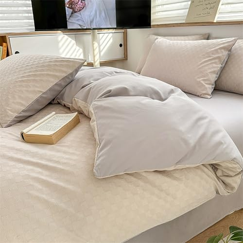 Solid Color 100% Washed Cotton Duvet Cover,Reversible Quilt Cover Full Size For All Season,Soft Comforter Cover With Zipper Closure,Waffle Weave Quilt Cover(Camel-hair and gray,Full)