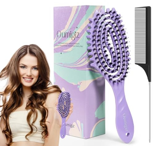 Oumigiz Curl Defining Hair Brush - Boar Bristle Detangling Brush for Women & Girls - Wet & Dry Use for Thick, Curly & Wavy Hair - Fast Blow Drying, Vented Styling, Smoothing, No Tangle, Purple