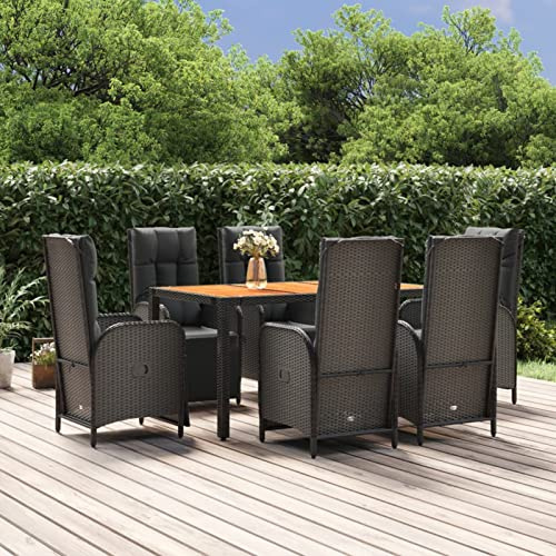 IKAYAA Gartenmöbel Set mit 6 Stühle Verstellbar Garten Essgruppe 6 Personen Rattan Gartenmöbel Essgruppe Gartengarnitur Sitzgarnitur mit Kissen-Schwarz-7-tlg-2