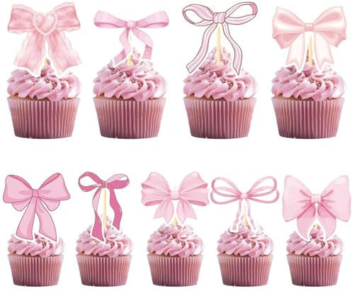 YGCHEN Decoración para Tartas Lazo Cupcake Topper Cumpleaños Adorno para Tarta Lazo Rosa Topper para Cupcakes, Decoración de Cumpleaños Infantil, Fiesta Niña, Pasteles y Postres 36 Piezas