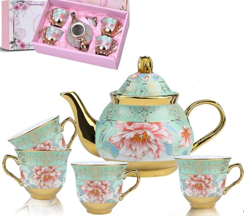 Tea Cups and Saucers Set of 4, Porcelain Tea Set with Metal Stand, 240ML Teapot,90ML Teacup, European Ceramic Tea Sets for Adults Women Tea Party, Wedding Gift, 5-Piece