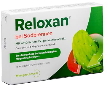 Reloxan bei Sodbrennen mit natürlichem Feigenkaktusextrakt, neutralisiert schnell überschüssige Magensäure, pflanzlicher Schutzfilm für die Speiseröhre, mit Minzgeschmack, 16 Kautabletten | neutralisiert schnell überschüssige Magensäure, schützender Film für die Speiseröhre, Minzgeschmack