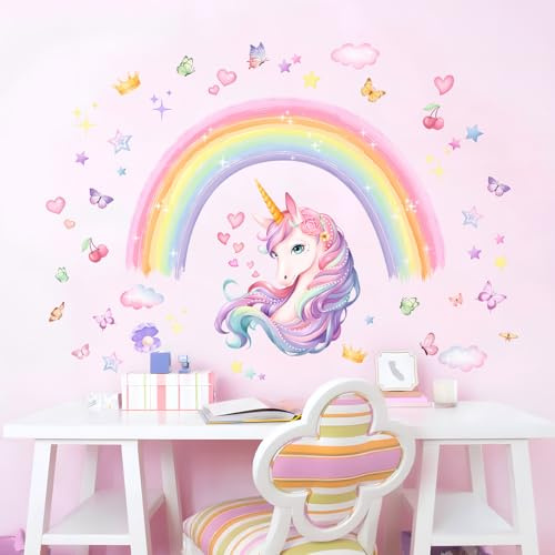 Wandtattoo Einhorn Regenbogen Wandaufkleber Aquarell Regenbogen Sterne Wandsticker Kinderzimmer Babyzimmer Mädchenzimmer Wanddeko