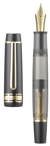 Yongsheng Junlai 630 Akryl Fjäderpenna, storlek 8 medelstift med kolvfyllningssystem, pianoblack transparent kropp med platt toppdesign (Guld Trim)