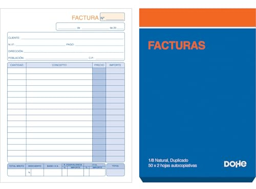 Dohe - Talonarios Facturas (10 uds.) - 50 Hojas Duplicadas (50 Hojas con 1 Copia), Tamaño A6 10,5x15 cm, Páginas Microperforadas, Con IVA y Recargo Equivalencia, Idioma Español, Material de Oficina