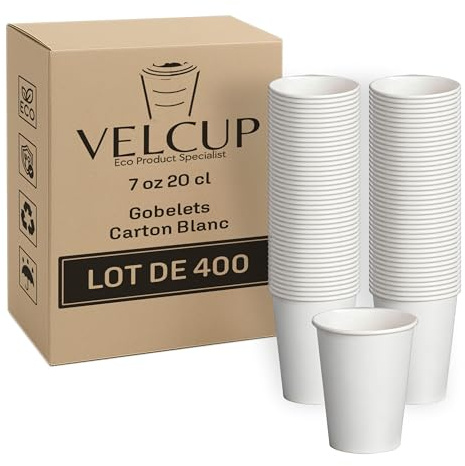 VELCUP Lot de 400 gobelets Blanc jetables, 200ml en carton, de qualité supérieure, résistants à la chaleur, à emporter, design élégant, Idéal pour Café, Thé, Boissons Chaudes et Froides