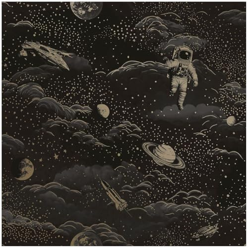 YöL Lost in Space Black Gold Wallpaper - Kids Room Toy Room Bedroom Playroom Feature Statement Wall - Washable Wet Removable - 10.05m x 53cm Roll - Spaceships Planets Astronauts - 14050