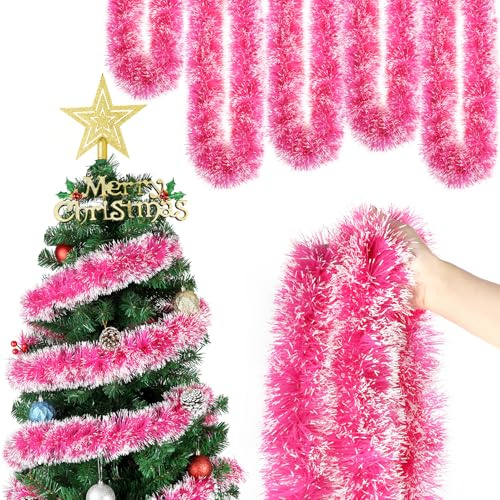 HOWAF 6Pz 12m Espumillon Arbol Navidad Rosa, Espumillon Rosa Guirnaldas Navideñas, Guirnalda Navidad Decoración, espumillón Arbol Decoración Navideña, Escalera, Chimenea, Año Nuevo