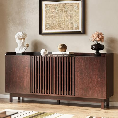 IRONCK 63 Storage Cabinet, Buffet Cabinet with Grille Doors and 2 Adjustable Shelves, Mid Century Sideboard for Kitchen, Dining Room, Entryway（Natural Red Walnut）