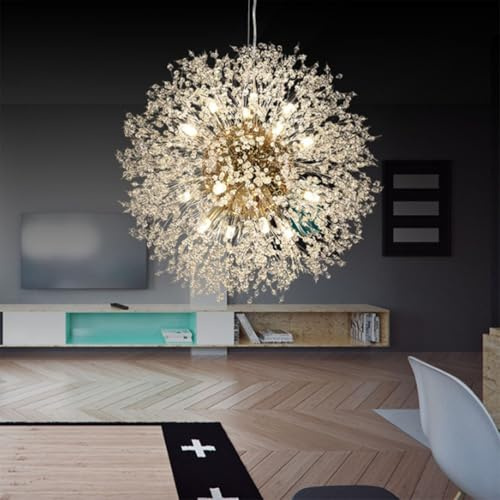 AIBOTY Moderner Kristall-Pusteblumen-Kronleuchter, runde hängende Pendelleuchte für Wohnzimmer Eingangsbereich Treppenhaus hohe Decken Goldener Feuerwerk-Esstisch-Lichtscheinwerfer,16 Heads