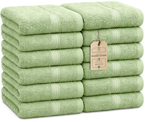 HomeBurg Luxe 12-Piece Washcloth Set - 100% Cotton, Soft & Absorbent, Easy Care, Premium Towels for Face & Daily Use, 30 x 30 cm (Sage Green)