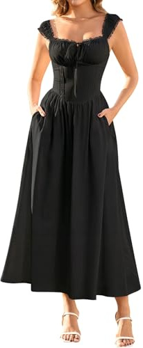 KUTUMAI Lace Corset Midi Dress Tie Flowy Summer Spring Wedding Guest Dresses for Women Sundress with Pockets Black XL