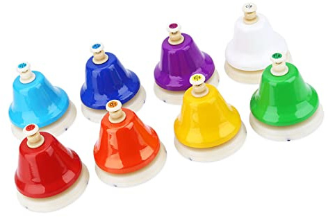 BONKZEBU Buntes 8-Noten-Handglocken-Set, Musikinstrumentenspielzeug für Kinder, Lauter Resonanz, Einfach zu Spielen für den Musikunterricht, Metall und Kunststoff, C-Dur-Tonleiter, Perfekt für