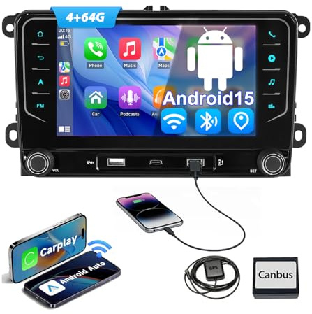 4+64G Android 15 Wireless CarPlay Android Auto Car Stereo For VW | For VW Golf MK5 6 Polo Caddy Passat Seat RCD330, 2Din Bluetooth Radio mit 7 Inch Touchscereen FM RDS AM GPS Navi WiFi