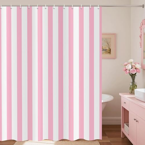 ASDCXZ Gestreift Duschvorhang 180x200 cm, Modern Einfach Japanischer Stil Rosa und Weiß Vertikal Gestreift Wasserdicht Badvorhang Polyester Textil Waschbar Duschvorhänge für Badewanne mit 12 Haken